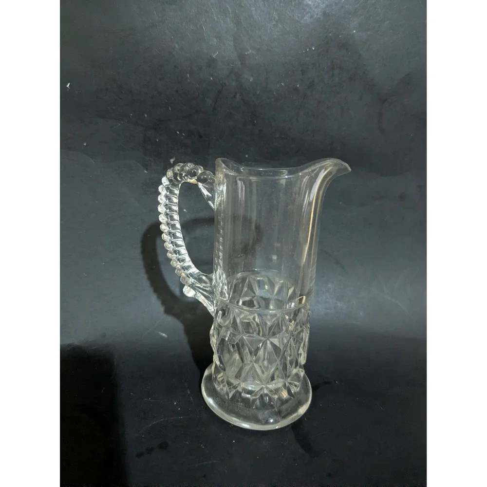 Vintage‎ Clear Glass Small Pitcher Diamond Cut Pattern Beaded Handle 6 Inch